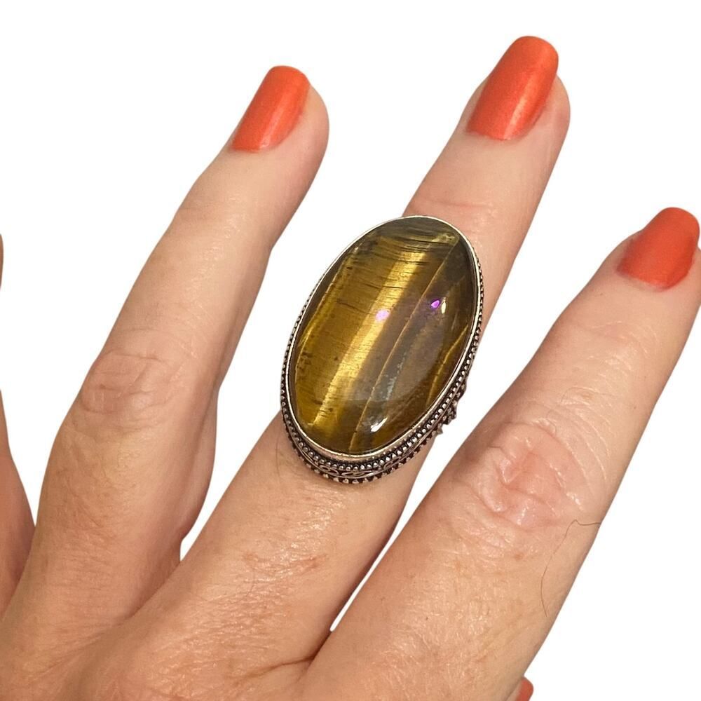 Tigers Eye Statement Sterling Silver Plated Ring Size 7.5